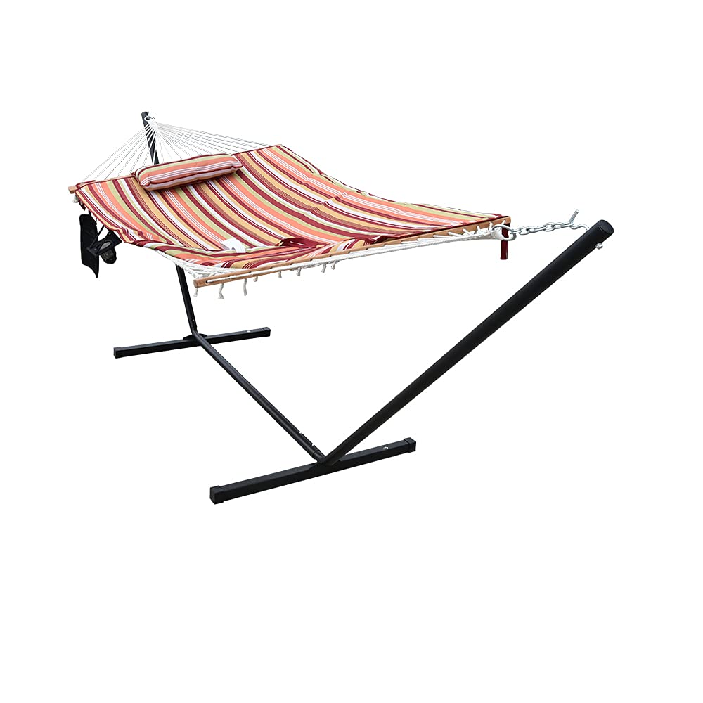 Project One Cotton Rope Free Standing Hammock with 12 Foot Portable Steel Stand and Spreader Bar, Pad, Pillow and Cup Holder Included, 400 LBS Capacity (Tropical Stripe)