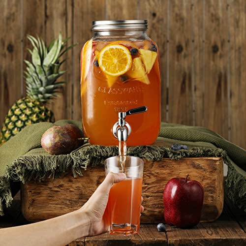 1-Gallon Glass Beverage Dispenser With Stainless Steel Spigot - [2 Pack] Drink Dispensers For Parties - Mason Jar Drinking Dispenser With Lid, Wooden Chalkboard #TOP5