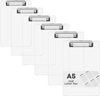 6 x 9 Small Clipboard Set of 6, A5 Plastic Mini Clear Clip Boards with Low Profile Clip, Half-Letter Size for Classroom, Teacher, Students, School & Office Supplies
