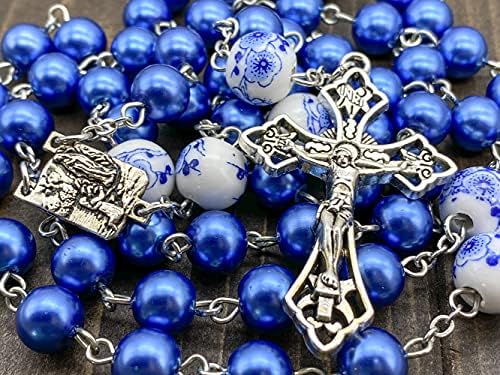 Nazareth Store Blue Pearl Beads Rosary White Flowers Beaded Necklace Lourdes Medal & Cross Crucifix