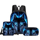 Conjunto de mochila com 3 peças, mochila temática para lobo – Mochila multifuncional de grande capacidade com lancheira e estojo para o dia a dia