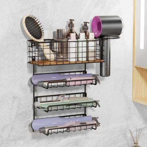 ART-GIFTREE 3 Tiers Wall Mounted Hair Tool Organizer, Heat Resistant Bathroom Storage, Holds 2 Curling Irons Per Shelf, Adhesive & Screw Mount for Hair Dryer Straightener, Matte Black