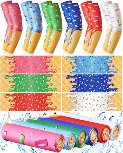 Shyyween 12 Pcs Ice Cream Drip Baseball Arm Sleeve and Baseball Drip Cooling Towel, Compression Sun Protection Arm Sleeve and Cooling Rag for Summer Sport Team Gift Season Rewards Party Favors