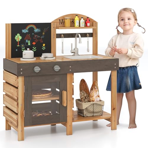 COSTWAY Cuisine Extérieure Enfant avec Tableau Noir & Four, Cuisine de Boue en Bois avec Évier & Robinet, 5 Accessoires, Étagère de Rangement, Jouet de Simulaiton pour Enfant de 3 Ans+
