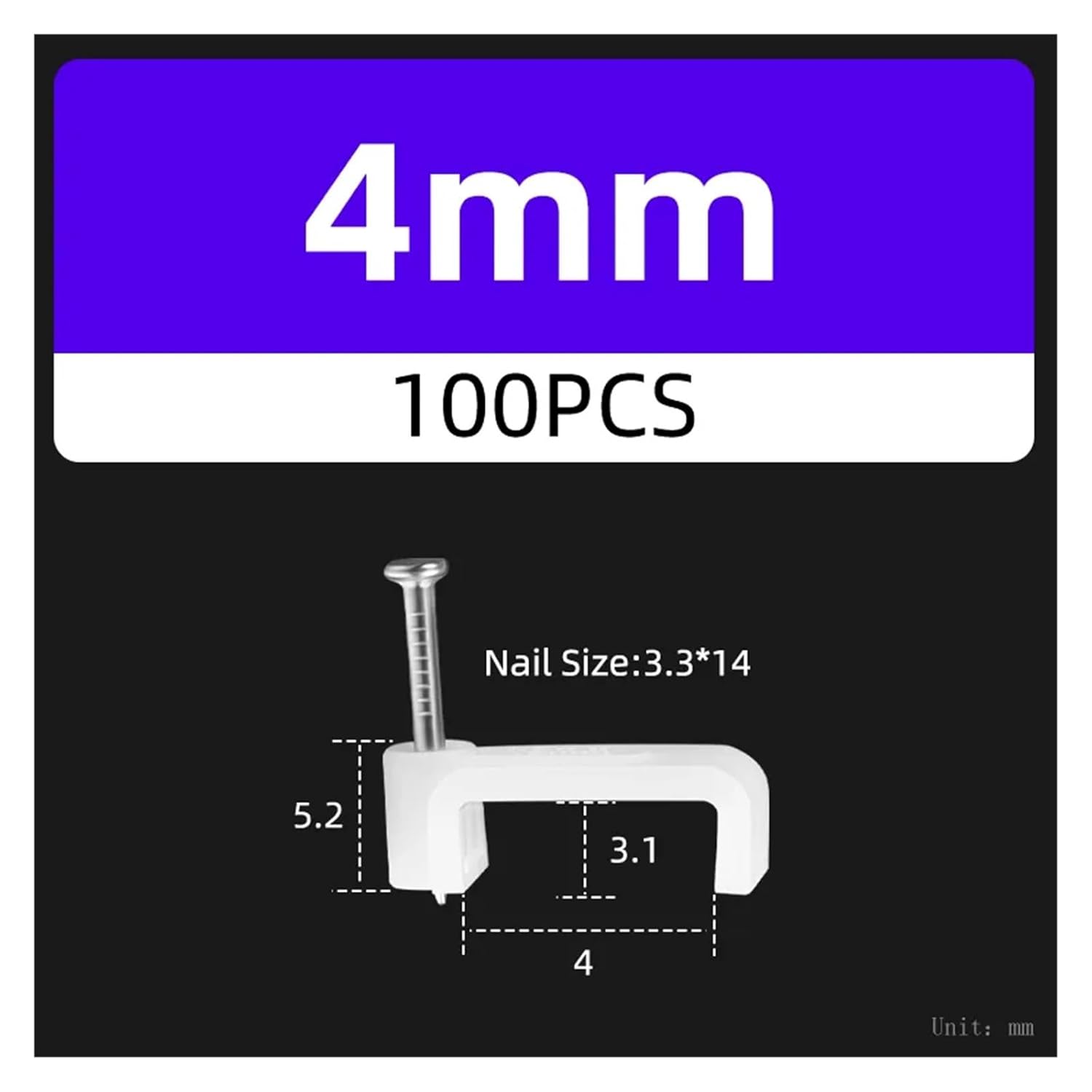 Cord holder，Cable Clips, 100PCS Square Cable Wire Clip Plastic Management Electrical Cord Tie Holder Plant Wall Nail Fasten Network(Square 4MM)