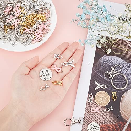 PandaHall 330pcs Breast Cancer Awareness Ribbon Pendant Kit, Pink Silver Ribbon Charms Inspirational Pendants Split Key Rings Swivel Lobster Claw Clasps Open Jump Rings for Jewellery Making