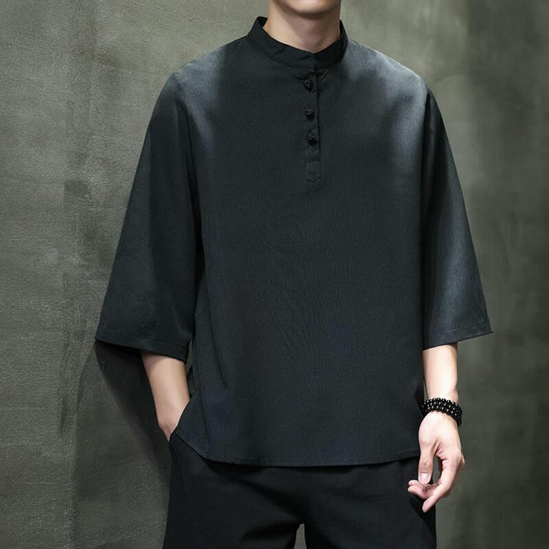 Chemise d'été homme lin ample à col montant rétro chic