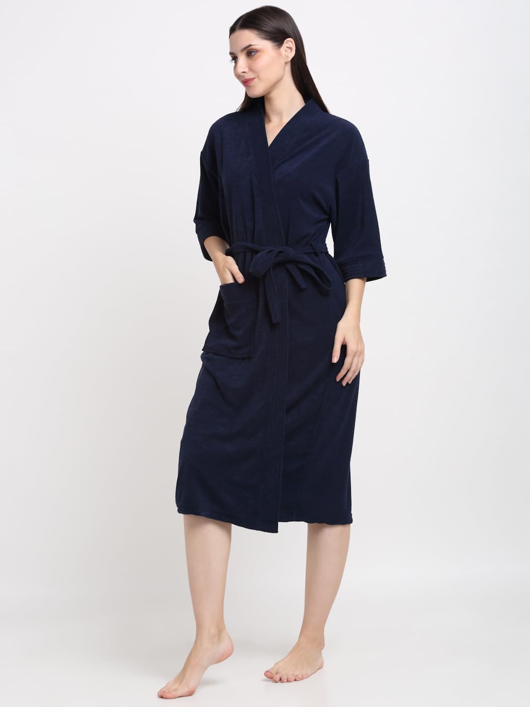 CREEVA Everyday Unisex Micro Terry Bathrobe Collection With kimono collar and 1 Pocket, 3/4 Sleeve Bath Robe Super Soft Light Weight - Navy - Image 2 thumbnail