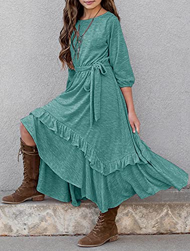 Mitilly Girls Loose Plain 3/4 Sleeve Casual Pocket Ruffle Swing Long Maxi Dress With Belt 12 Years Teal #TOP2