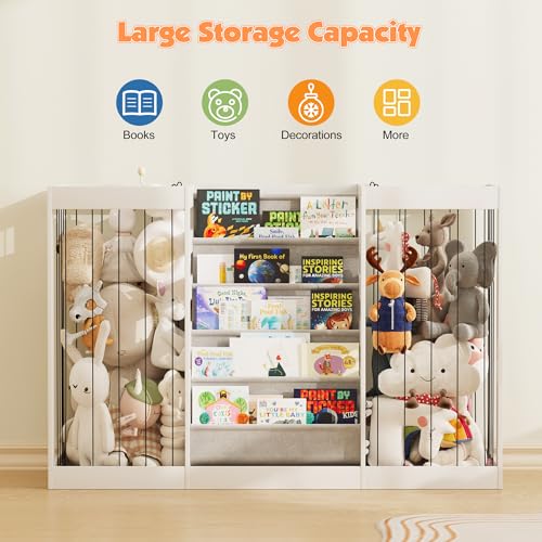 Image of NACHES Montessori Kids Bookshelf with Enclosed Toy Storage, Dual Mesh Bins for Stuffed Animals, Front-Facing Book Organizer for Toddlers Playroom Bedroom (White)