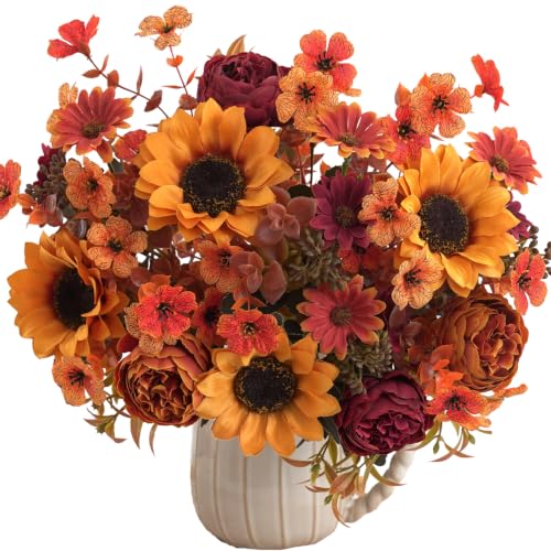 Mixed 5 Pcs Fall Artificial Sunflower Peony Bouquet, Yellow Burgundy Silk Faux Flower, Autumn Faux Floral Arrangements for Wedding Table Centerpiece DIY Thanksgiving Farmhouse Indoor Outdoor Decor