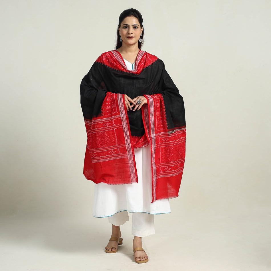 Image of Cotton Dupatta with weaving and Ikat woven border from the Weavers Stole for Girls & Women