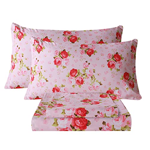 Bedlifes California King Sheet Set Ultra Soft, Breathable, Silky Flower Deep Pocket 100% Microfiber Bedding, 4 Piece Cal King Size Pink Floral(Red Rose)