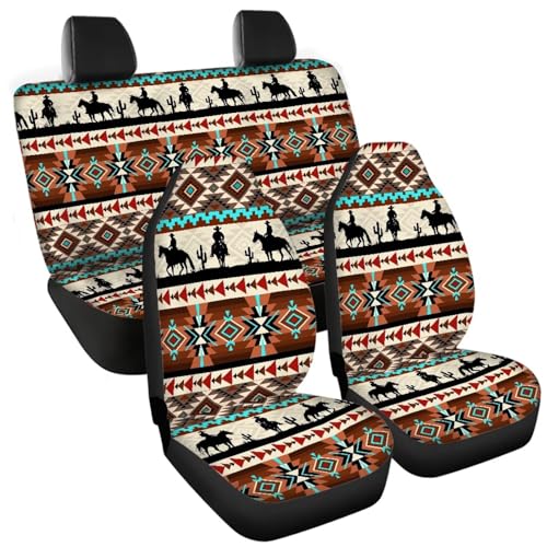 SEANATIVE Auto Interior Accessories Decor Full Set of 4 Western Aztec Horse Car Front Seat Cover Back Seat Protector Split Bench Cover Pads for Most Cars