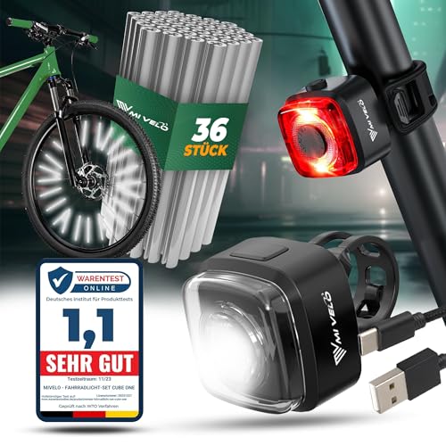 MIVELO Cube Fahrradlicht StVZO zugelassen Fahrradbeleuchtung USB-aufladbar & 100% wasserdicht LED Fahrrad Licht vorne hinten, Fahrradlampe (Cube ONE + Reflektoren)
