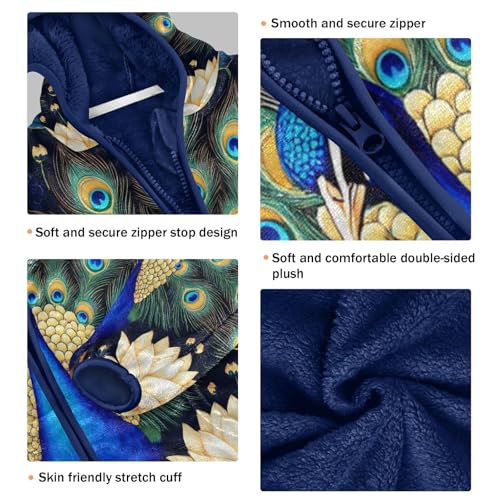 Peacock Feathers Lotus Flowers Toddler Fleece Jacket Girl Boys Hooded Fleece Jacket Coat Warm Outwear Zip-up 3-10T3