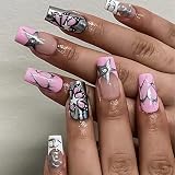 Square Press on Nails Medium Length Fake Nails Pink with Star and Butterfly Designs False Nails Silv