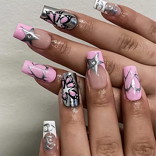Square Press On Nails Medium Length Fake Nails Pink With Star And Butterfly Designs False Nails Silver Stick On False Nails For Women And Girls 24Pcs #TOP3