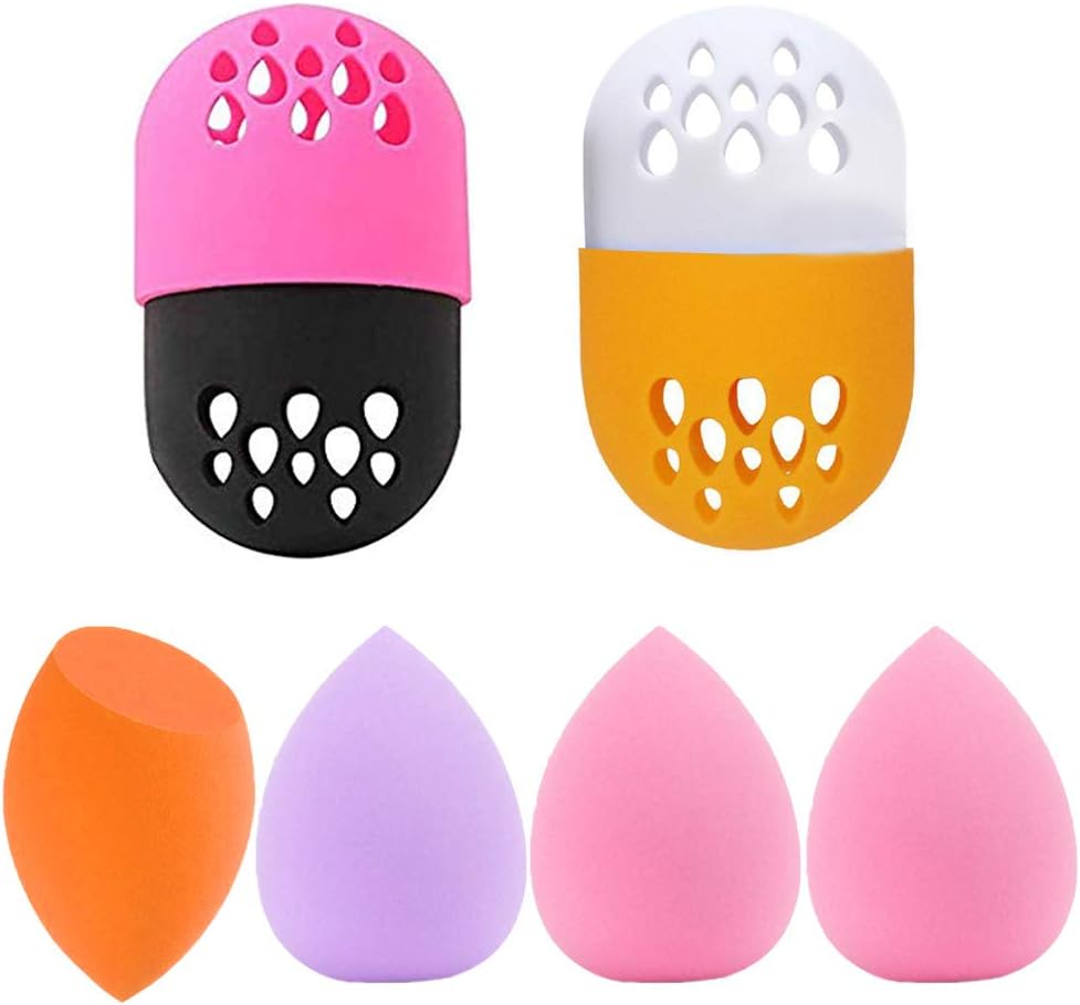 LORITARIA 2pcs Makeup Sponge Travel Holder, Soft Silicone Carrying Case, with 4pcs Egg Shaped Beauty Makeup Sponges (Rose Red & Black, White & Orange)