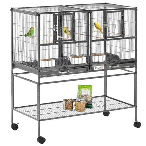 PawHut Divided Breeder Bird Cage with Rolling Stand Removable Metal Tray Storage Shelf Wood Perch and Food Container