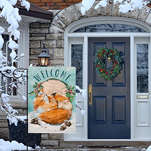 Hzppyz Welcome Winter Fox Bunny Garden Flag Double Sided, Pinecone Holly Robin Bird Animal Decorative House Yard Outdoor Small Decor, Christmas Snowflake Farmhouse Burlap Home Outside Decoration 12X18 #TOP4