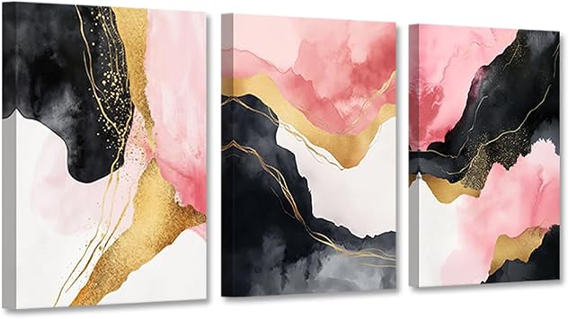 CCWACPP Pink and Gold Abstract Wall Art 3 Panels Abstract Canvas Wall Art Pink Black Gold White Pictures Minimalist Painting Print Modern Living Room Decor Framed 11x14inchx3Pcs