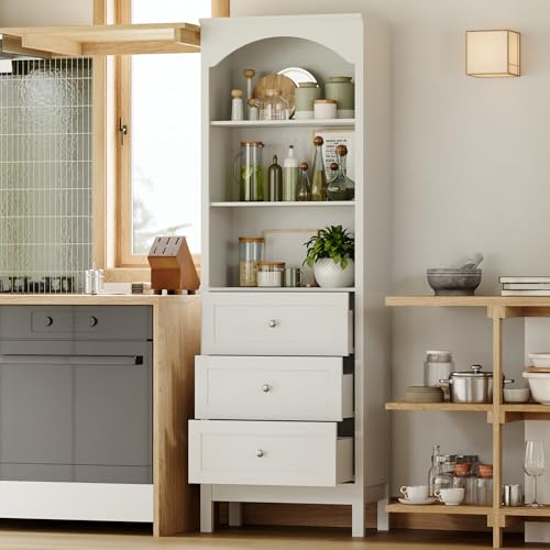Image of 71 inch H Tall Bookshelf with Drawers, Farmhouse Book Shelf with 3-Tier Open Shelves, Wooden Bookcase with Storage Drawers, Freestanding Bookshelves for Bedroom, Living Room, White