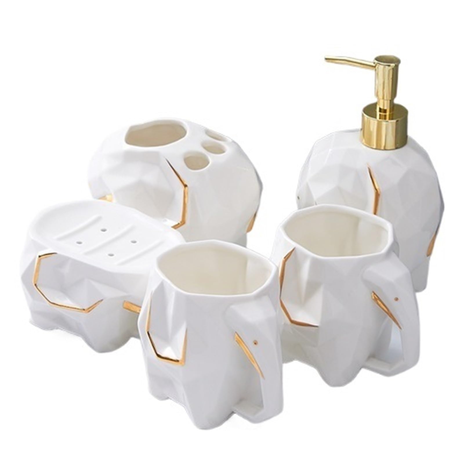Soap Dish Set Elephant Bathroom Wash Set Mouth Cup Toothbrush Holder Lotion Bottle & Soap Dish For Organization(White 5pcs)