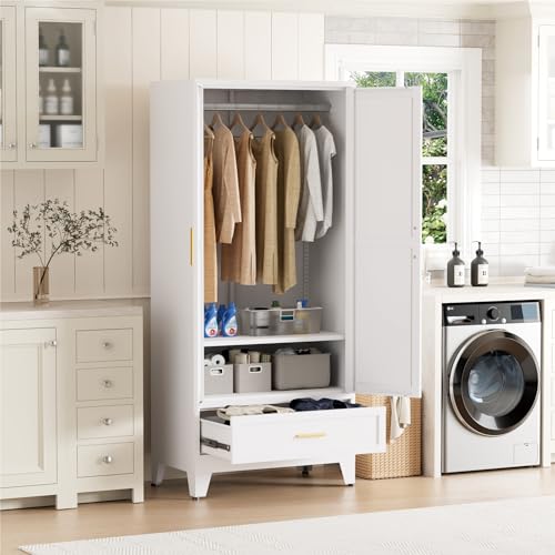 Image of Metal Wardrobe Closet for Bedroom, 71 inch Freestanding Armoire Wardrobe with Drawer and Shelf, Hanging Rod Clothing Storage Cabinet with Two Doors, Tall Farmhouse Clothes Cabinet Bedroom Armoires