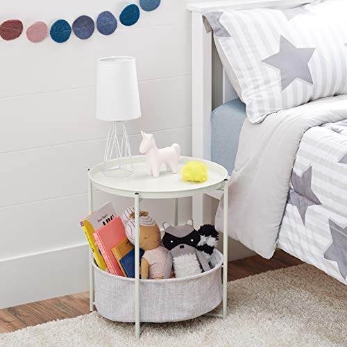 Image of Amazon Basics Round Storage End Table, Nightstand with Cloth Basket, Bedside Table, White /Heather Gray, 17.7 inch L x 17.7 inch W x 18.9 inch H