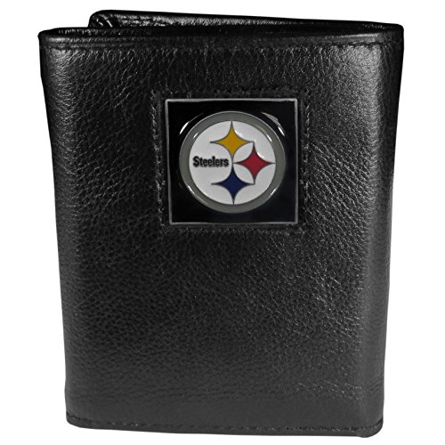 NFL Siskiyou Sports Mens Pittsburgh Steelers Deluxe Leather Tri-fold Wallet Packaged in Gift Box One Size Black