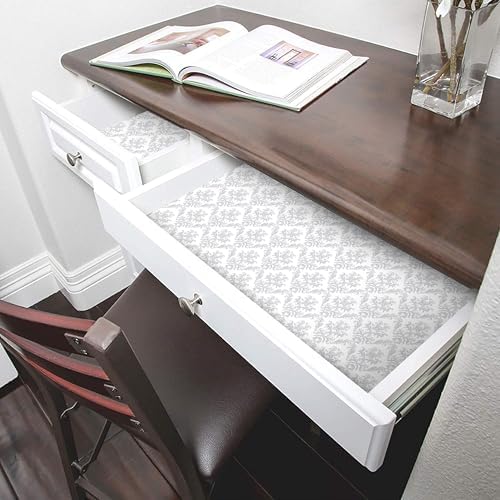 Smart Design Bonded Grip Shelf Liner - 12 Inch x 10 Feet - Non Adhesive, Strong Grip Bottom, Easy Clean Kitchen Drawer, Cabinet, Cupboard Dresser Protector Cover, Non Slip Rubber Mat - Fleur Gris - 4