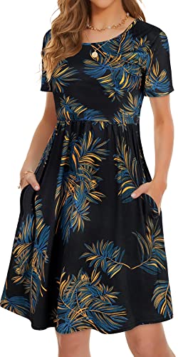 elescat Sommerkleider für Damen, lässig, fließend, schwingend, lockere Passform, T-Shirt, Sommerkleid mit Taschen, Orange Blau Feuerwerk, Mittel