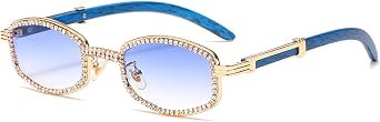 Diamond Square Sunglasses for Men and Women, Luxury Designer Wood Frame Rhinestone Punk Goggle Glasses UV400