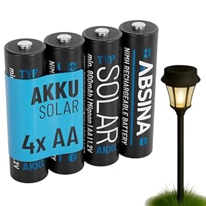ABSINA 4X Solar Akku AA wiederaufladbar 800mAh 1.2V NiMH - Mignon AA Solar Batterien für Solarleuchten - Solarakkus AA mit geriner Selbstentladung - Akku Solar Batterie, Akkus für Solarlampen