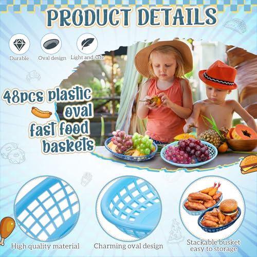 Beeveer 48 Pcs Plastic Fast Food Restaurant Baskets Fast Food Snack Baskets Blue Plastic Oval Serving Tray for Hot Dogs Burgers Sandwiches Chips 6 Colors
