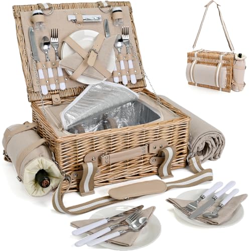 31Pcs Picnic Basket Set for 4 with Insulated Liner and Waterproof Blanket Wine Pouch, Large Wicker Picnic Hamper for Camping,Outdoor,Valentine Birthday Christmas for Couples,Natural