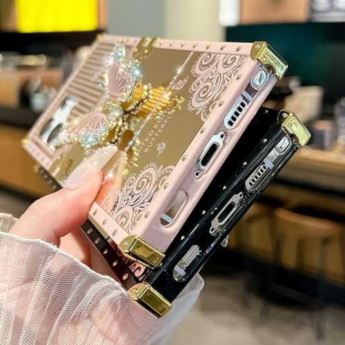 HALATUA Cute Compatible with Samsung Galaxy S22 Ultra Case, Luxury Bling Butterfly Foldable Stand Kickstand for Women & Girls, Mirror Lace Flexible Shockproof Protective Case (Pink) by HALATUA - Used condition - Image 4