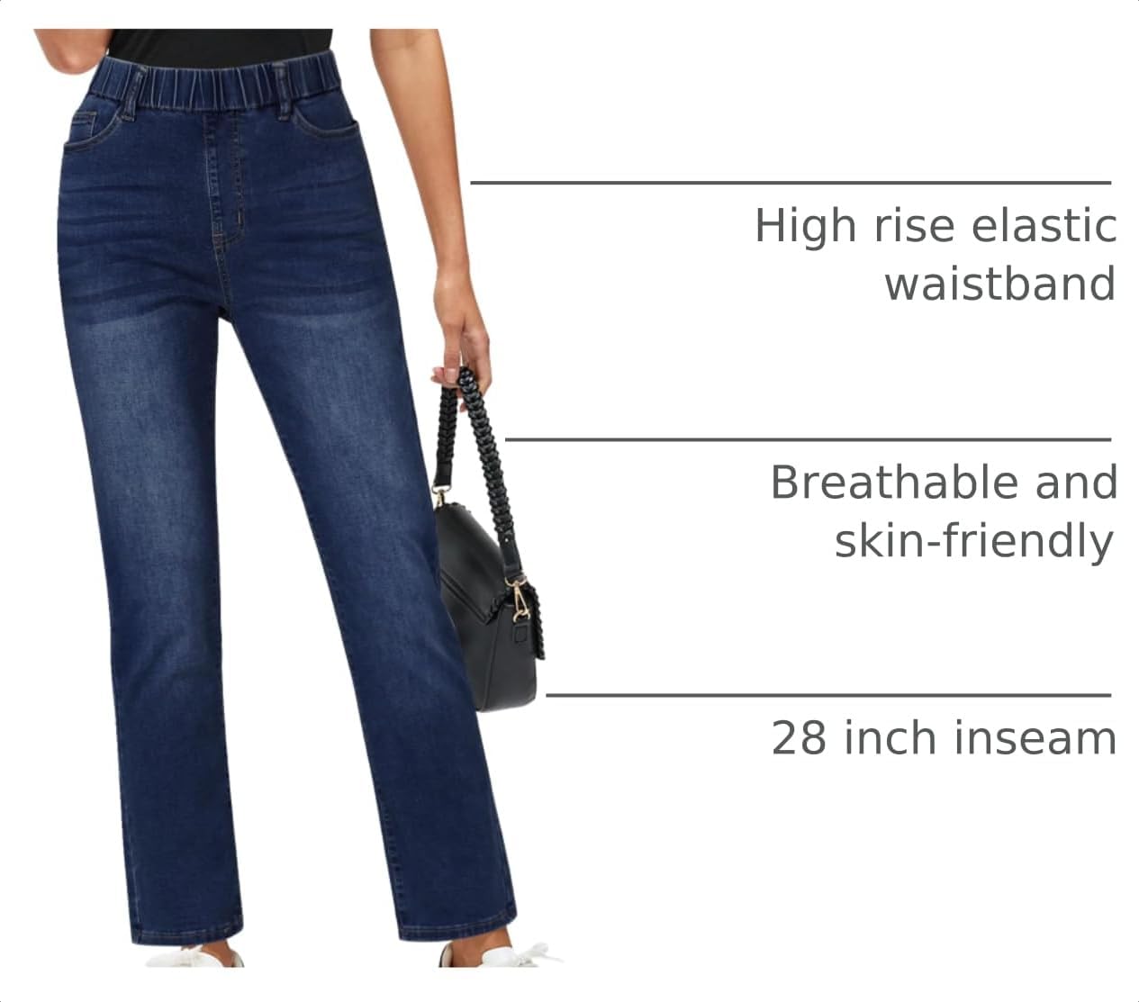  Straight Leg Jeans for Women Trendy Pull On High Waisted Cropped Elastic Waist Stretchy Denim Pants Ankle Jeans thumbnail