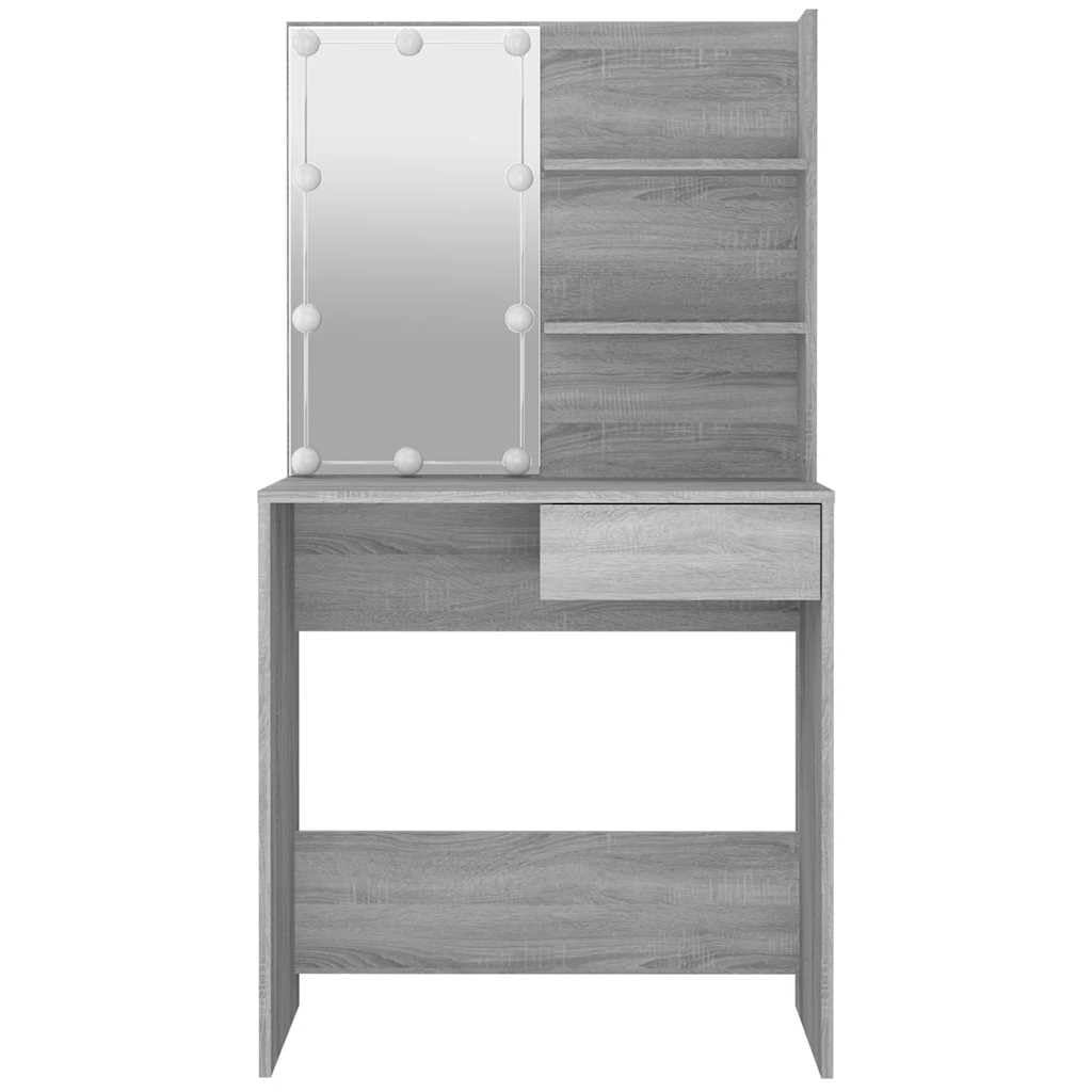 Tocador con iluminación LED gris Sonoma 74,5 x 40 x 141 cm con espejo cajón y estante, espacio de almacenamiento para dormitorio, habitación juvenil o niña