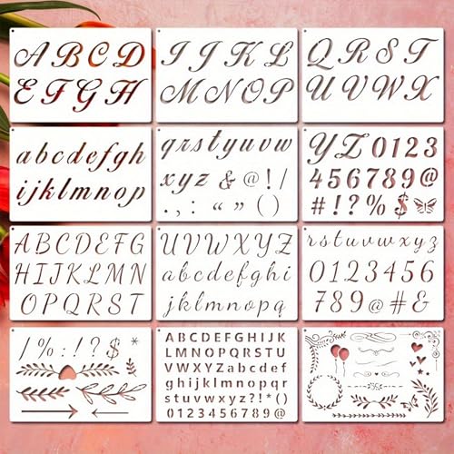MEOAlBkey - Paquete de 12 plantillas de letras reutilizables para pintura, para manualidades, kit de letras y números para manualidades, bricolaje, proyectos de arte