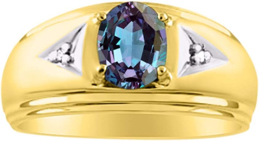 Rylos Men's Rings Classic Design 8X6MM Oval Gemstone & Sparkling Diamond Ring - Color Stone Birthstone Rings for Men, Yellow Gold Plated Silver Rings in Sizes 8-13.