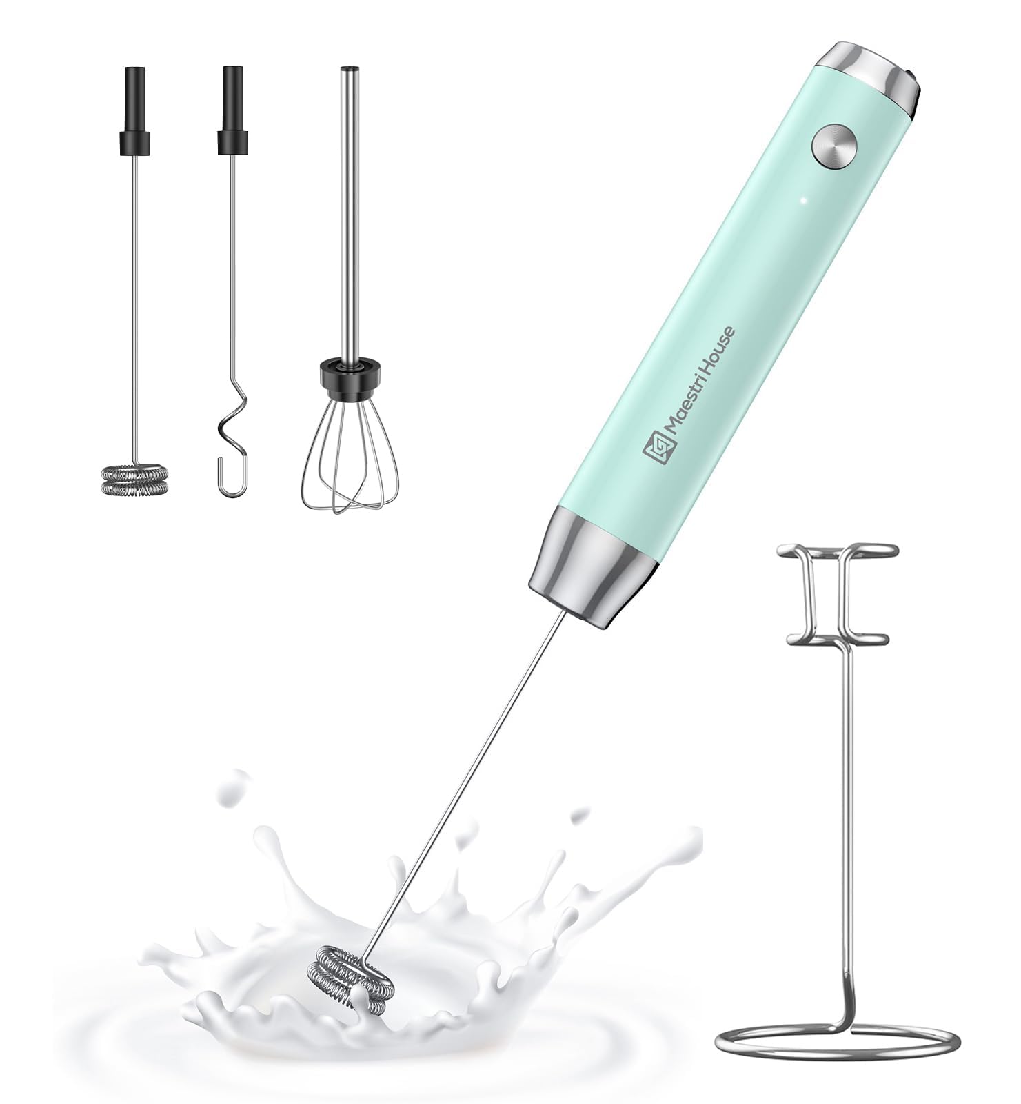 Maestri House Montalatte ricaricabile con 3 teste, portatile, elettrico, impermeabile, staccabile, in acciaio inox, frusta per bevande con supporto, per latte, cappuccino, uova