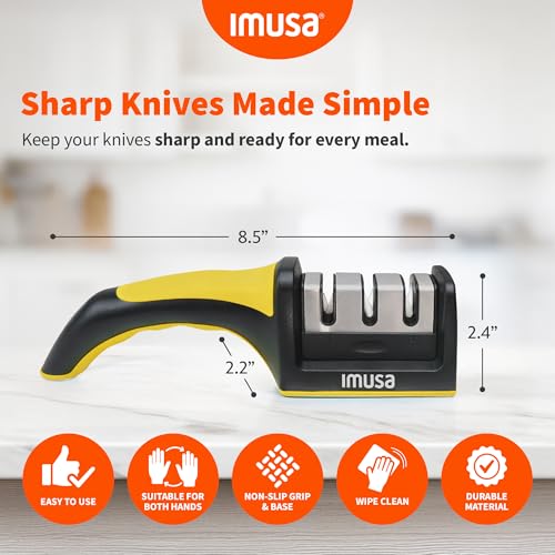 Image of IMUSA Kitchen Knife Sharpener, Manual, Coarse to Fine, Non-Slip Base | Tungsten steel blades with ceramic rods, ergonomic grip, ambidextrous, not for serrated knives or scissors