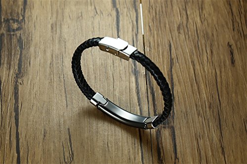 Vnox Customized Bracelet Handmade Braided Genuine Leather Black Stainless Steel Id Tag Adjustable Wristband #TOP4