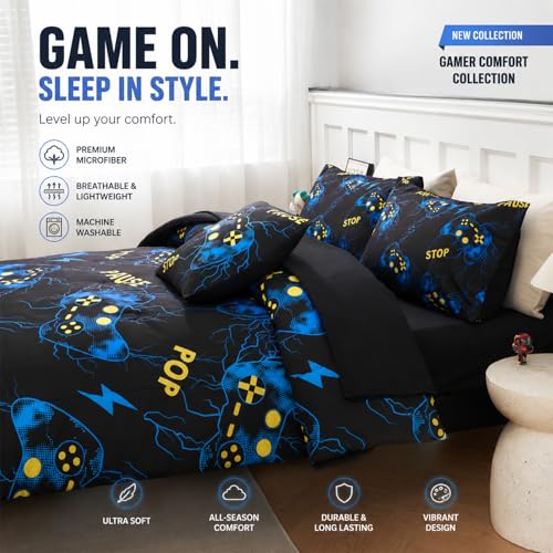 Image of ZRNBAST Gamer Bedding Set Queen Size, Blue Lightning Video Game Comforter Set with Sheets, 6 Pieces Bed in a Bag for Boys, Gamepad Gaming Bedrooom Bed Set(Blue,Queen)