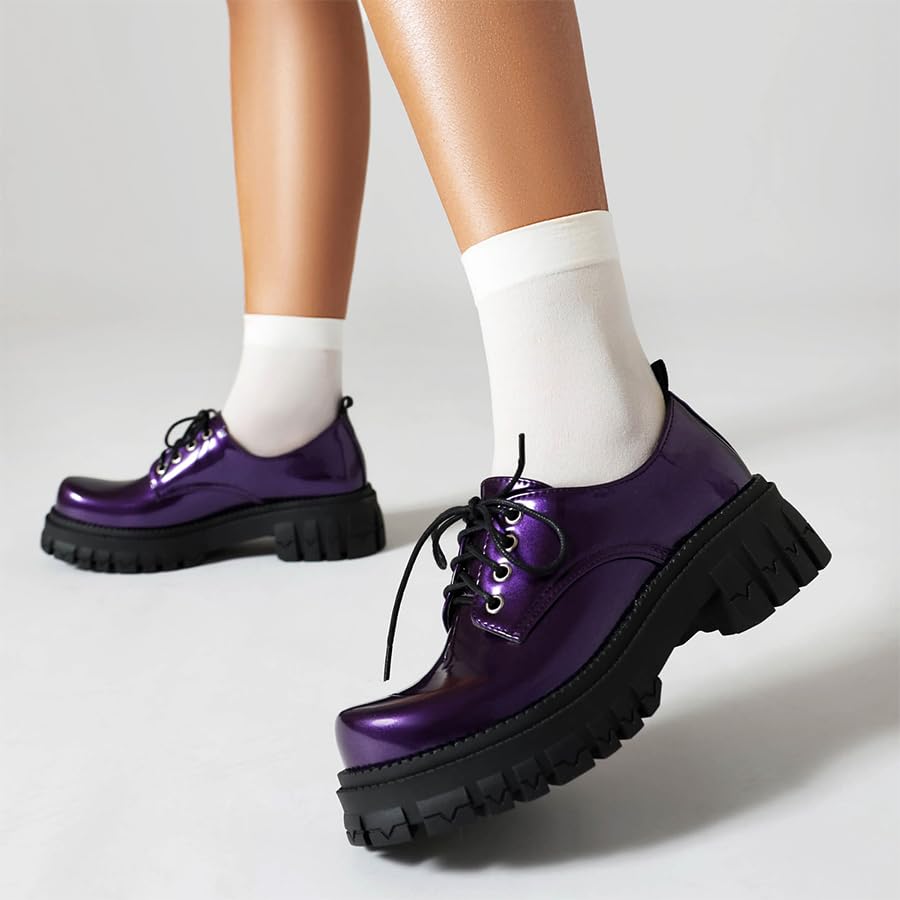 Image of Women's Patent Leather Platform Chunky Loafers Perforated Lace-up Round Toe Wingtip Oxford Shoes Non-Slip Lug Sole Brogue Dress Shoe