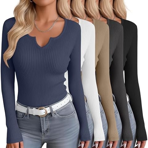 Velvelhall 5 Pack Women's Long Sleeve Shirts Cotton Scoop Neck V Notch Ribbed Top Casual Sexy Low Cut Slim Fit Knit Basic Tee(Black, Dark Gray, Khaki, White, Haze Blue,Large) Cover