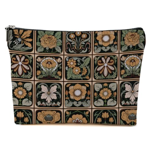 Blue Leaves Vintage Floral Makeup Bag Brown Cosmetic Bag