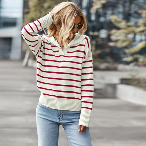 utcoco Women's 2024 Knit Striped Sweater Casual Loose Polo V Neck Long Sleeve Pullover Jumper Tops4